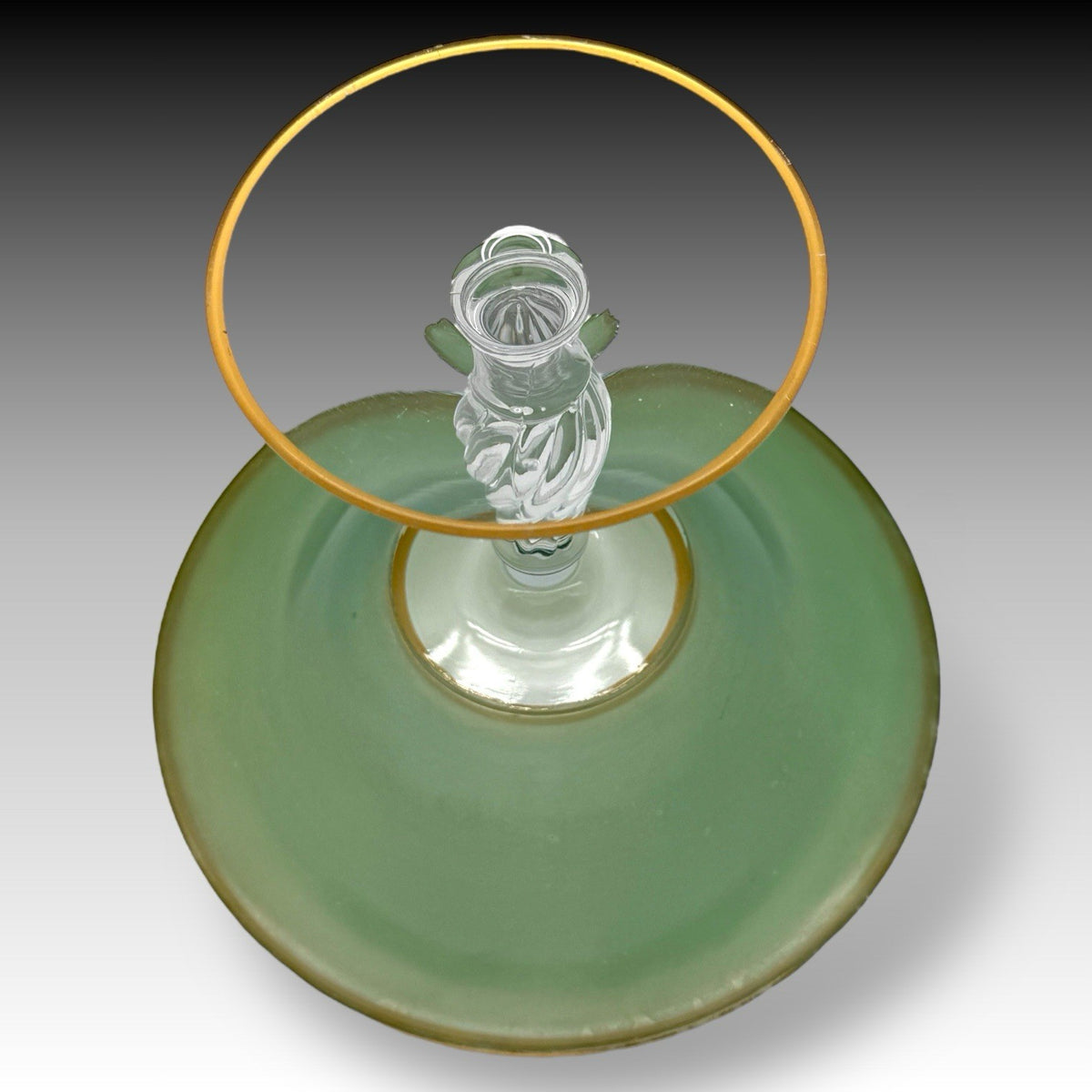 BOHEMIAN Green Art Glass Compote w/ Gilt Rim, Twisted Stem, MCM Pedestal 7.25"