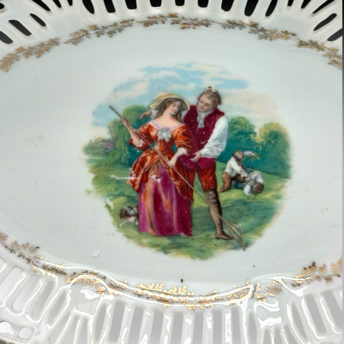 Antique German Porcelain Reticulated Bowl Victorian Couple Gilt Trim 9.5”