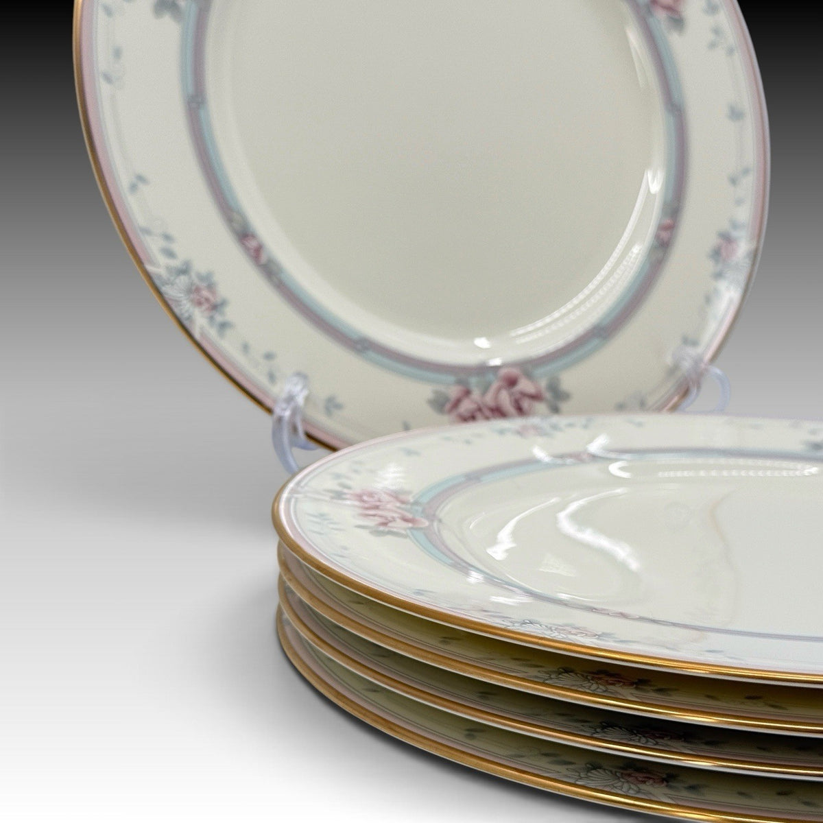 Noritake Magnificence Bone China Dinner Plates Set 5 Gold Rim Pink Roses #9736