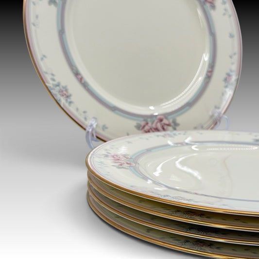 Noritake Magnificence Bone China Dinner Plates Set 5 Gold Rim Pink Roses #9736