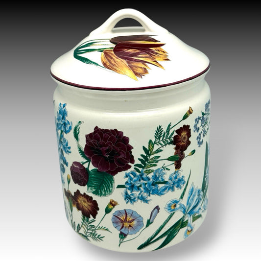 Vintage Japan Ceramic Canister Jar with Blue & Burgundy Flowers 9.5" Lidded