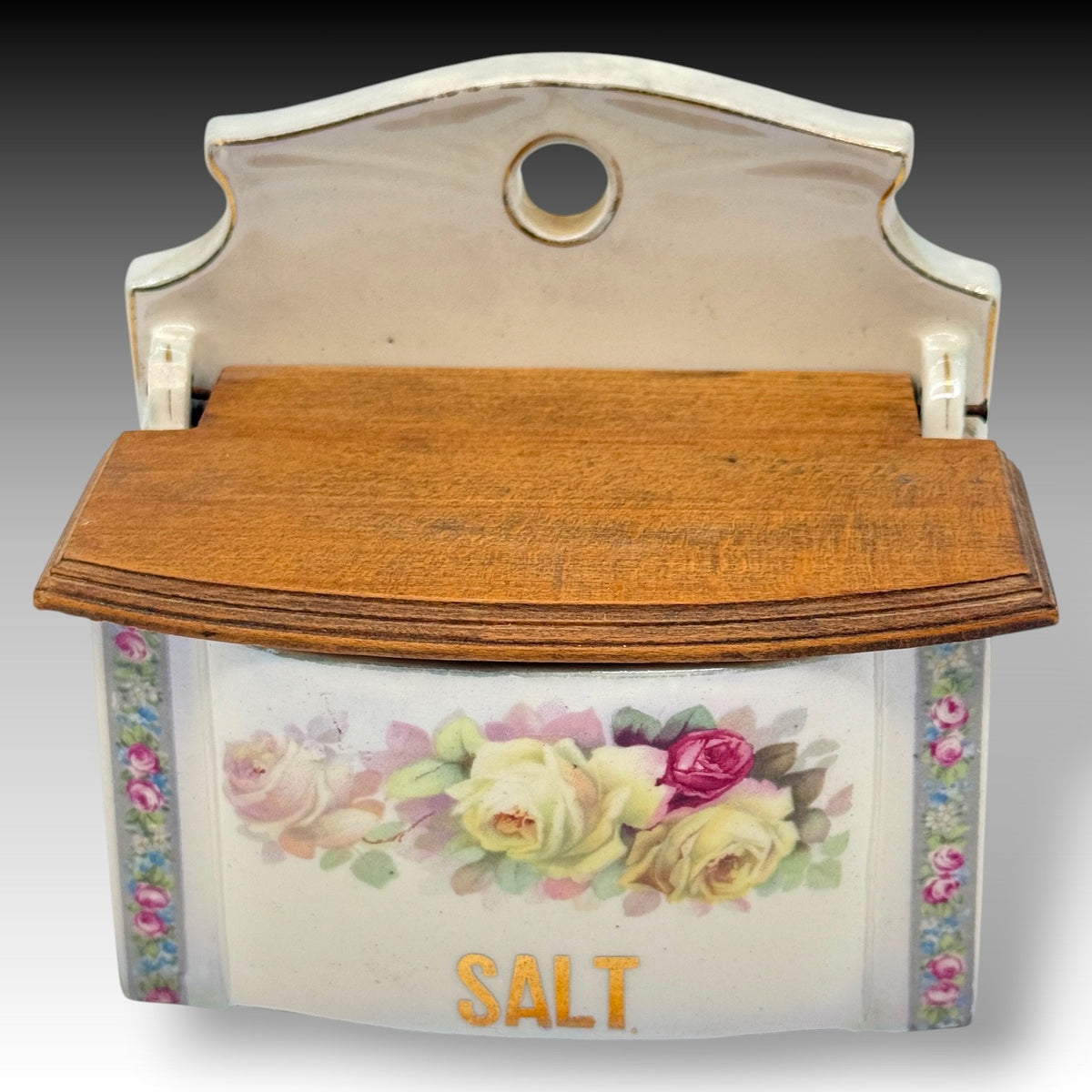 Vintage Mina Czechoslovakia Porcelain Salt Box Hinged Wood Lid Floral Wall RacK