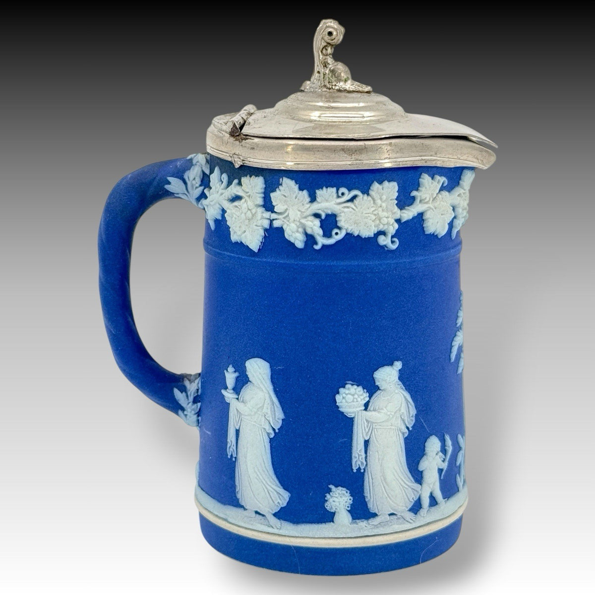 Wedgwood Dark Blue Jasperware Syrup Pitcher With Pewter Lid, Antique 1867 Rare