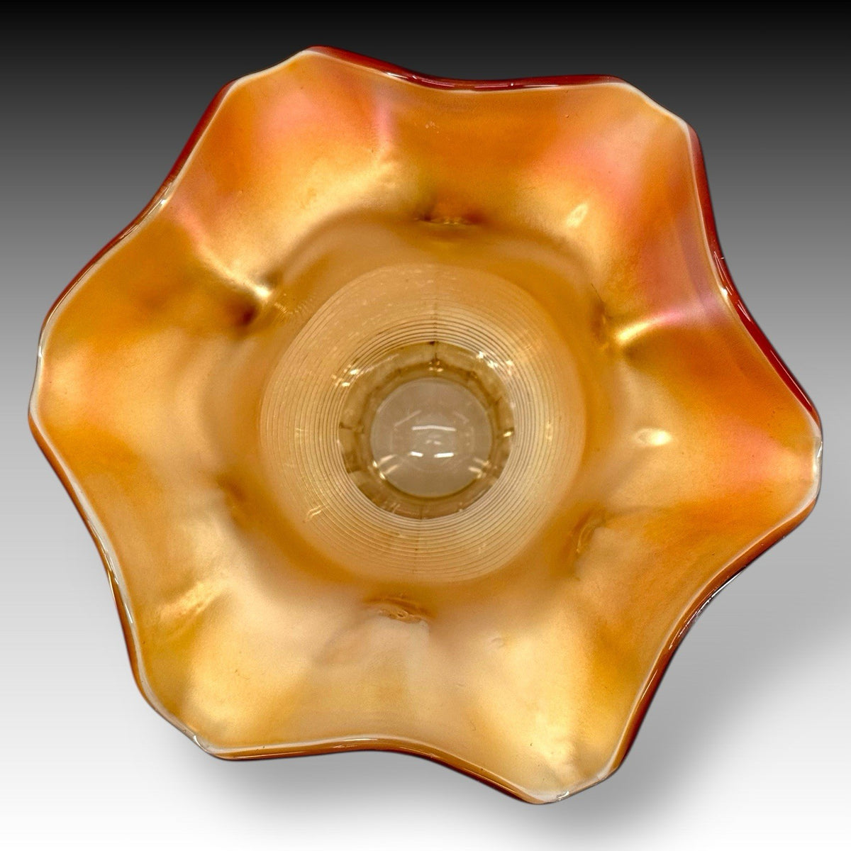 Marigold Carnival Glass Ruffled Vase Ribbed Iridescent Scalloped Vintage 5.5 in