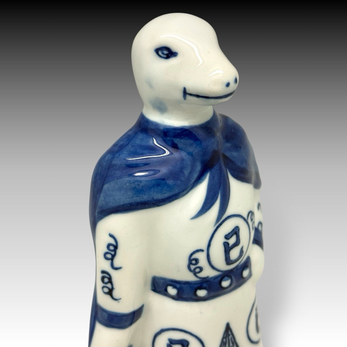 Vintage Chinese Zodiac Snake Figurine Blue White Porcelain Chinoiserie 10 Inch