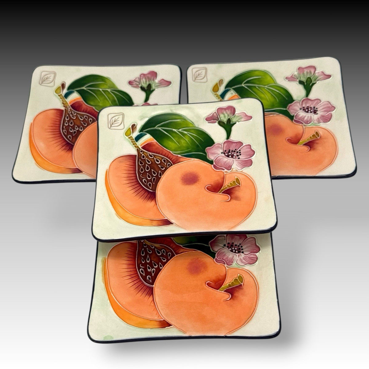 J McCall Blue Sky Peaches Embossed Ceramic Plates Set of 4 2004 5.5” Square