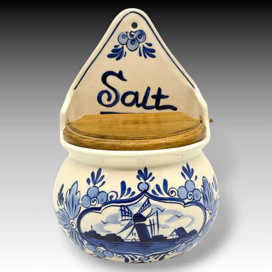 Hand Painted Delft Blue Wall Hanging Salt Box Windmill Wood Lid Vintage Rare