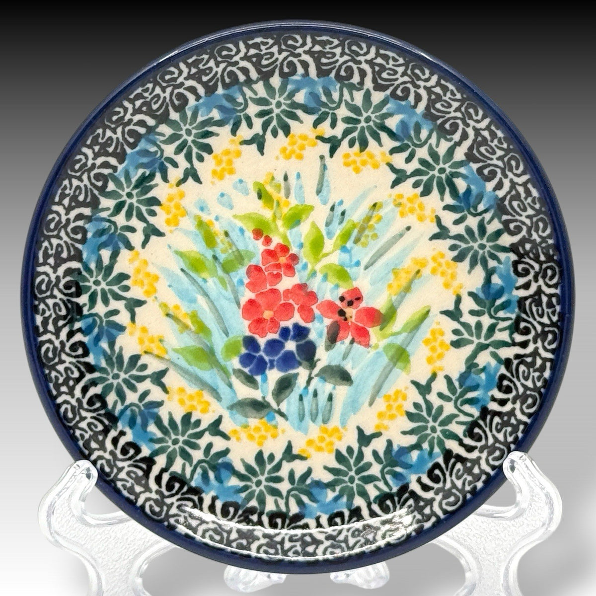 UNIKAT Polish Pottery Meadow Posies Mini Plate Coaster 4 Inch Signed Liana