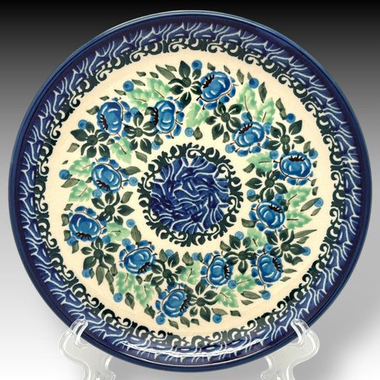 UNIKAT Polish Pottery Salad / Dessert Plate Blue Floral - Krystyna Deptuła 7.75"