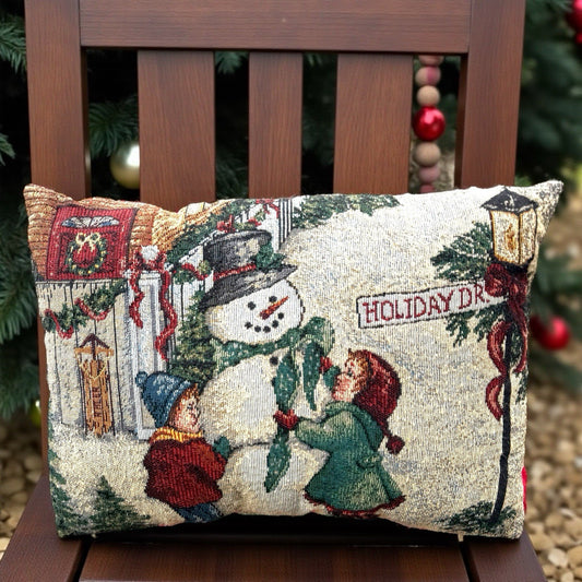 Tapestry Christmas Lumbar Pillow 11x16 Snowman Kids Holiday Winter Decor Accent