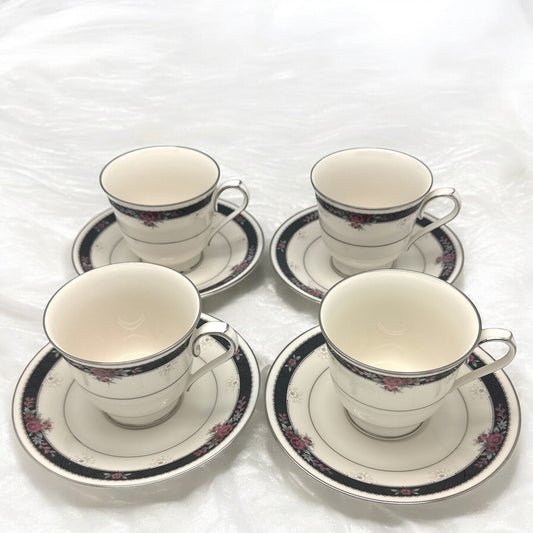 Set of 4 Noritake Ivory China ETIENNE 4 2/8" CUPS & SAUCERS #7260 Japan
