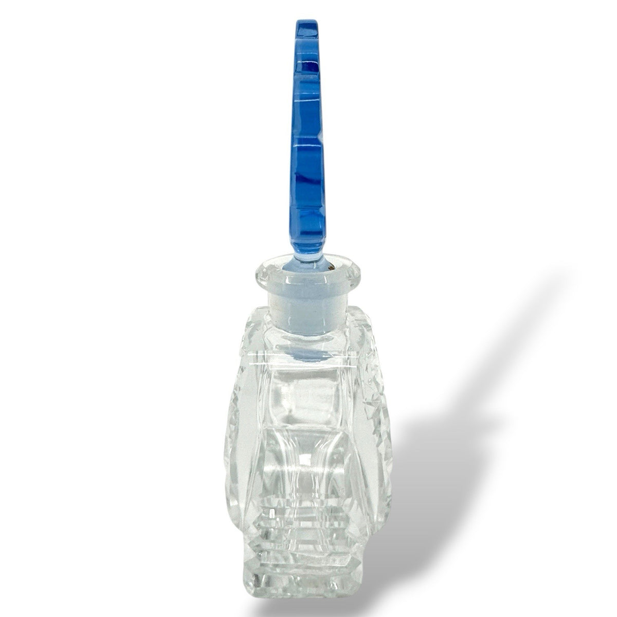 Czech Cut Crystal Art Deco Perfume Bottle With Blue Intaglio Bird Stopper 4 Inch