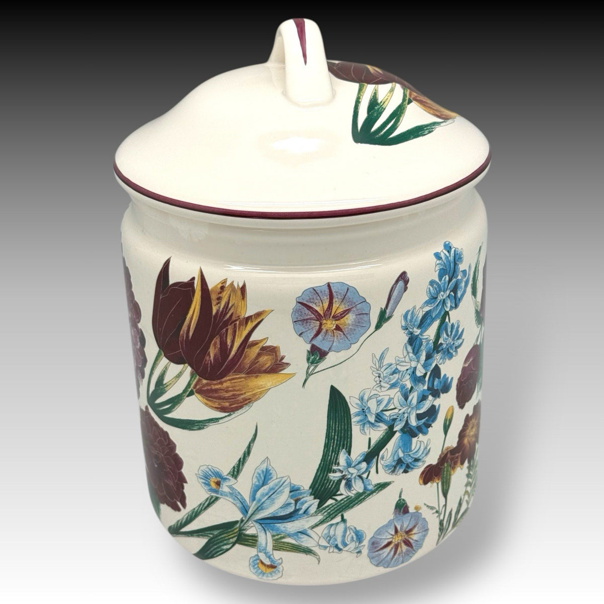 Vintage Japan Ceramic Canister Jar with Blue & Burgundy Flowers 9.5" Lidded