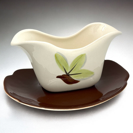 Vntg 1940s GRAVY BOAT + UNDERPLATE WOODLEAF by Continental Kilns Underglaze USA