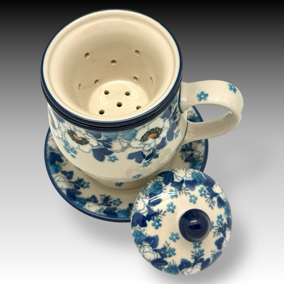Ceramika Artystyczna Polish Pottery Snow White Poppy TEA INFUSER Mug Saucer Set