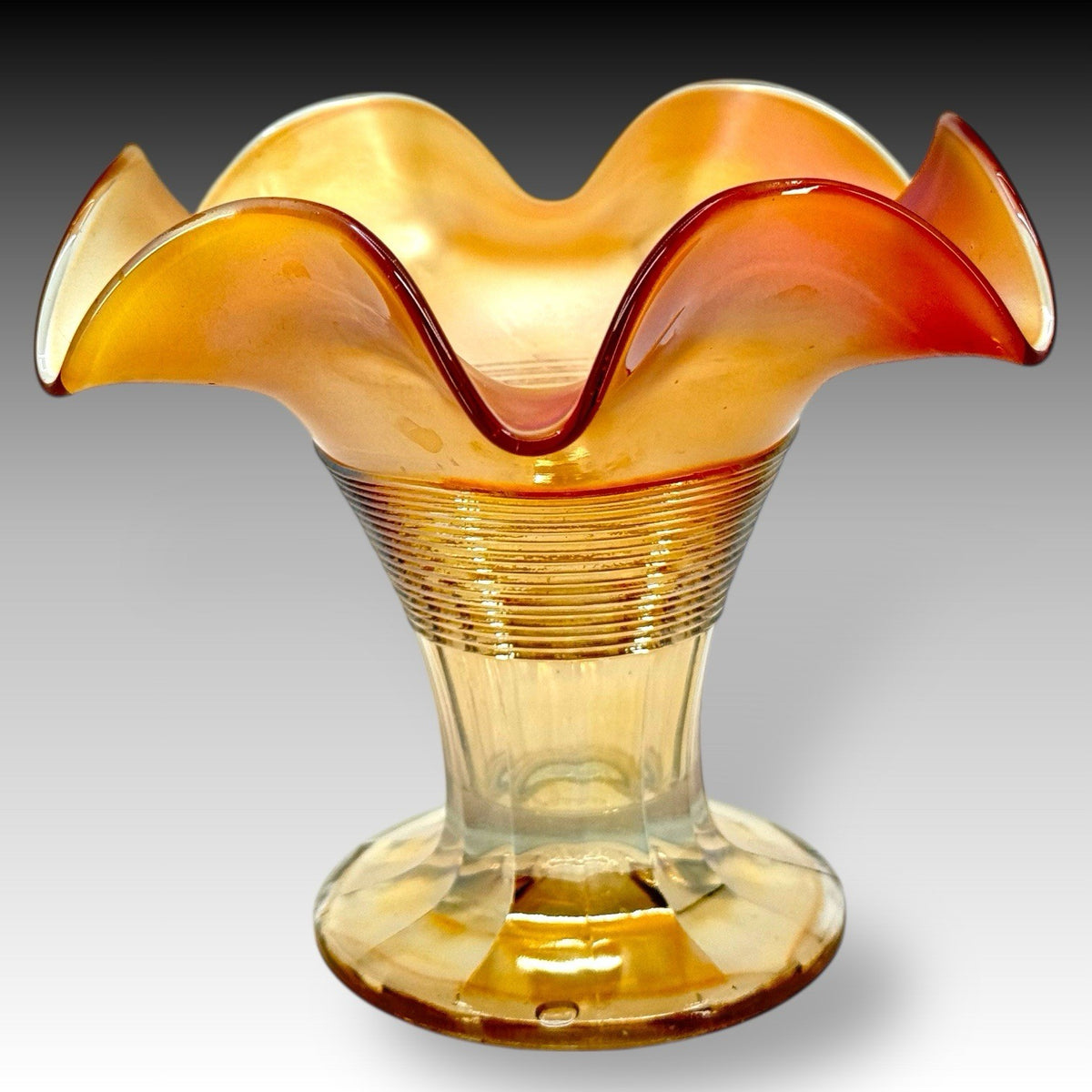 Marigold Carnival Glass Ruffled Vase Ribbed Iridescent Scalloped Vintage 5.5 in
