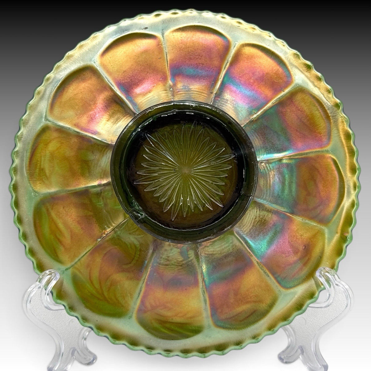 Fenton Pinecone Green Carnival Glass Flat Plate 6.25 Inches Antique Vintage