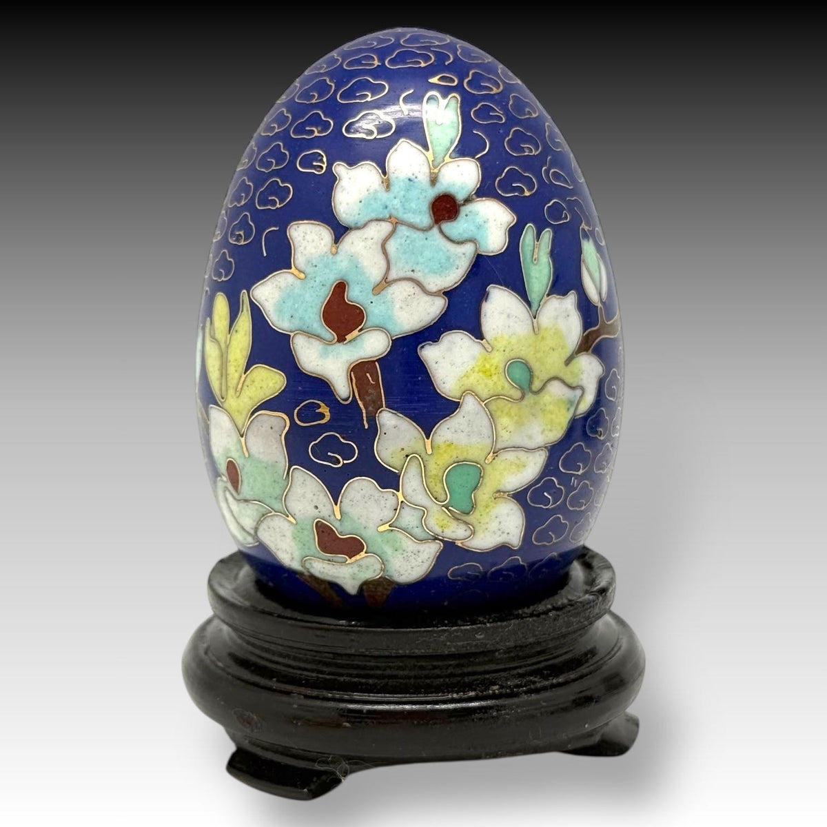 Set of 4 Vintage CHINESE CLOISONNÉ on COPPER EGGS – Lotus Motif with Wood Stands