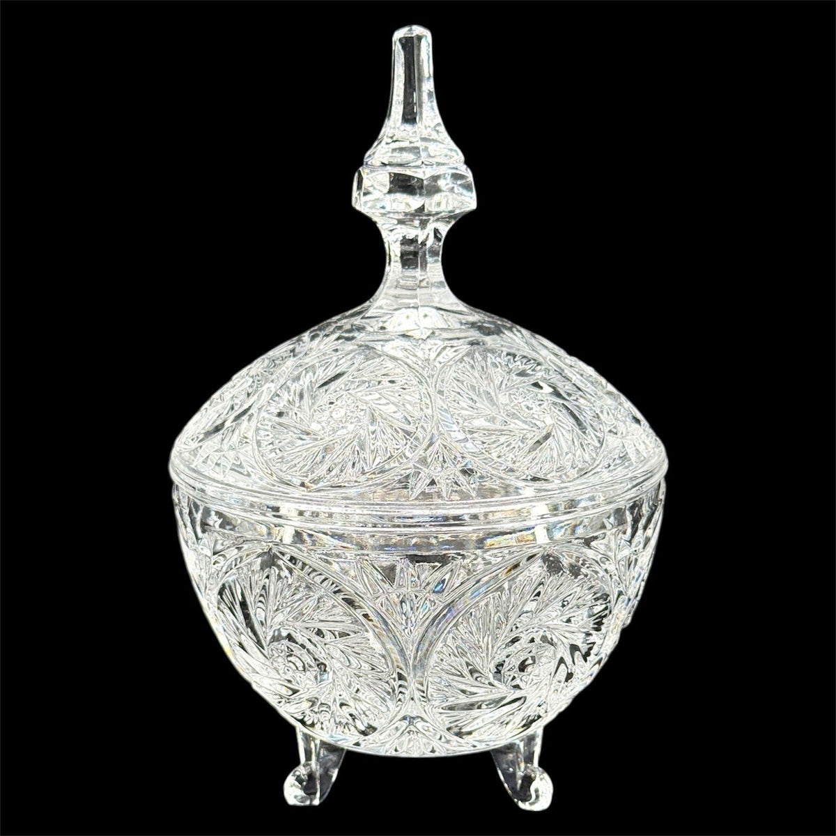 Vintage Crystal Covered Candy Dish, Pinwheel Cut 3 Footed Glass Candy Jar