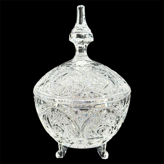 Vintage Crystal Covered Candy Dish, Pinwheel Cut 3 Footed Glass Candy Jar