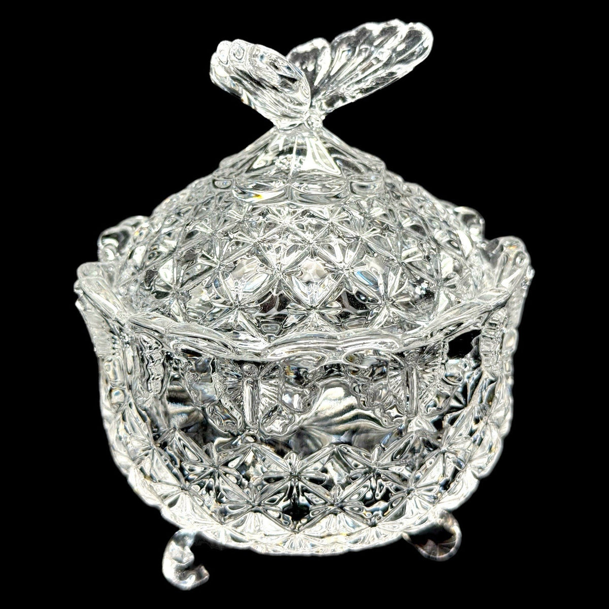 Vintage Butterfly Footed Crystal Covered Candy Dish Trinket Box Heavy 5 Inches