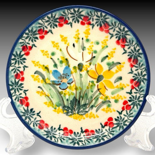 UNIKAT Polish Pottery Dandy Daffodils Mini Plate Coaster 4 Inch Signed Liana