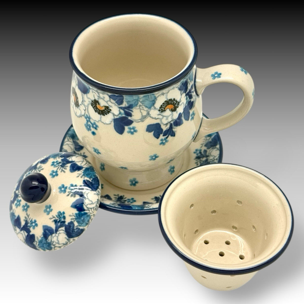 Ceramika Artystyczna Polish Pottery Snow White Poppy TEA INFUSER Mug Saucer Set
