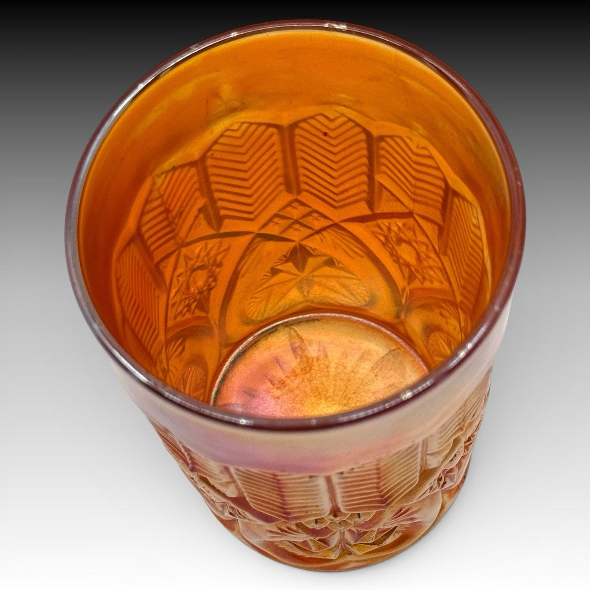 Millersburg Feather & Heart Marigold Carnival Glass Tumbler, Antique 4 Inch RARE