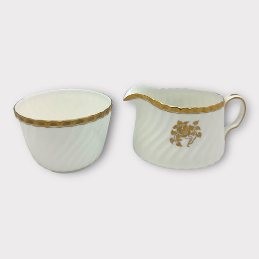MINTON Bone China GOLD ROSE CREAMER and OPEN SUGAR BOWL Gold Trim Fluted Gilded