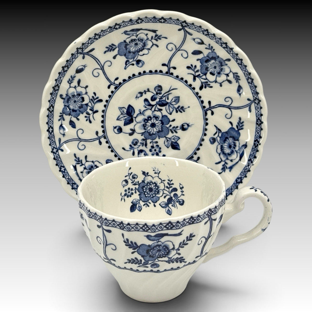 Johnson Brothers Indies Blue White Ironstone Cups Saucers England Set 4 Vintage