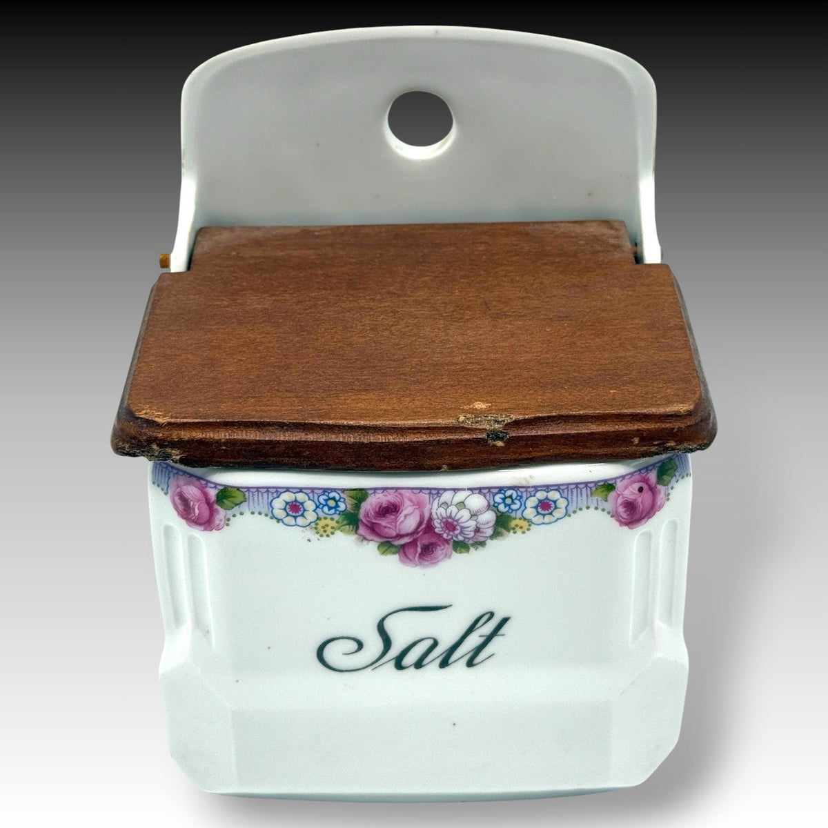 Victoria Czechoslovakia Porcelain Salt Box Wood Lid Floral Wall Hanging Crock