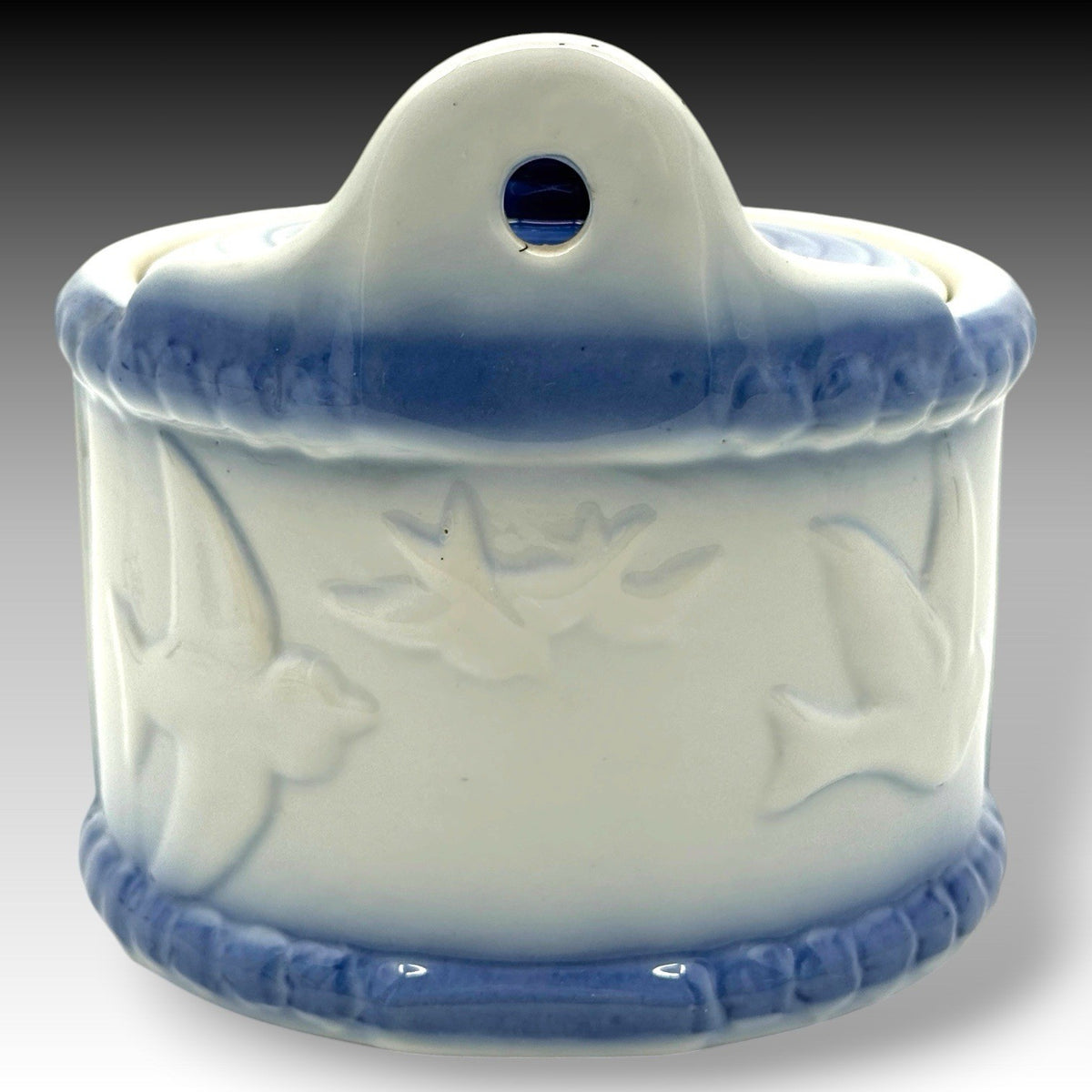 Antique Blue White Stoneware Hanging Salt Crock Box Embossed Birds Wall Mounted