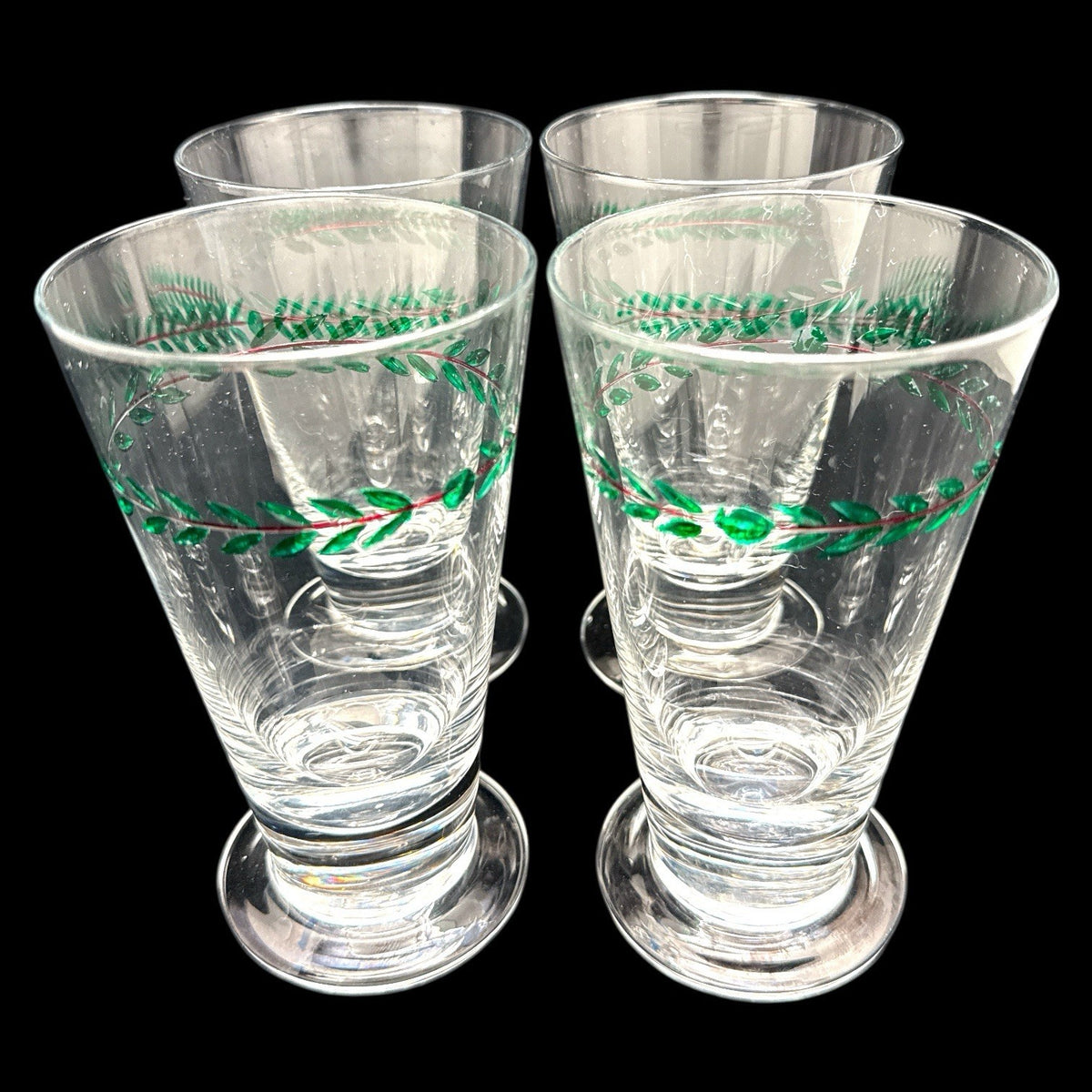 PFALTZGRAFF MERRIWEATHER Christmas Footed Glasses SET/4 Holly Green Red 6.5”