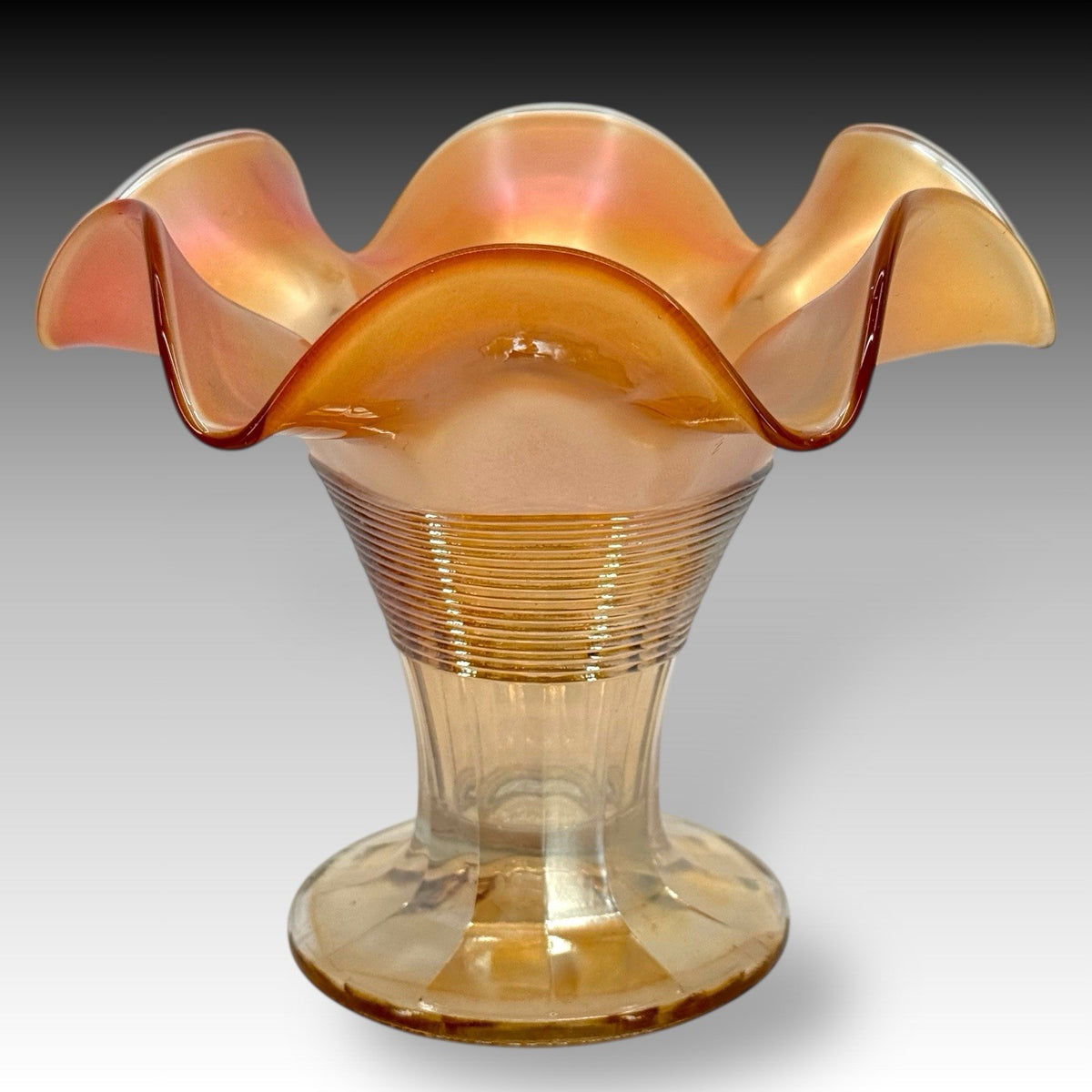 Marigold Carnival Glass Ruffled Vase Ribbed Iridescent Scalloped Vintage 5.5 in