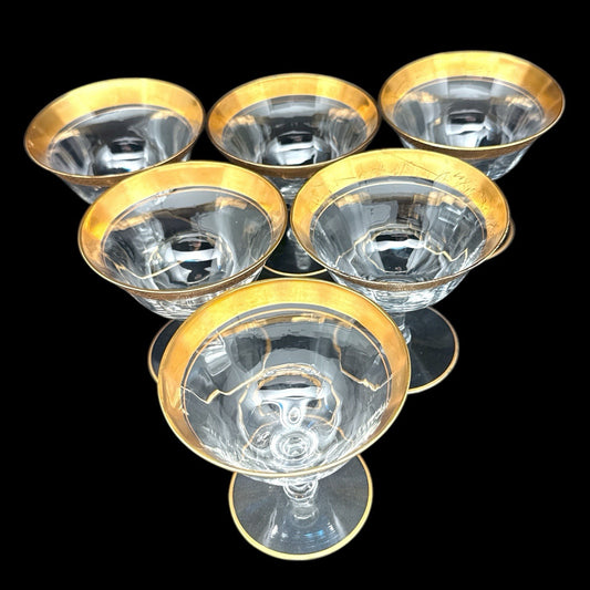 Set of 6 RAMBLER ROSE Gold Encrusted Cut & ETCHED LOW SHERBET Stem GLASSES