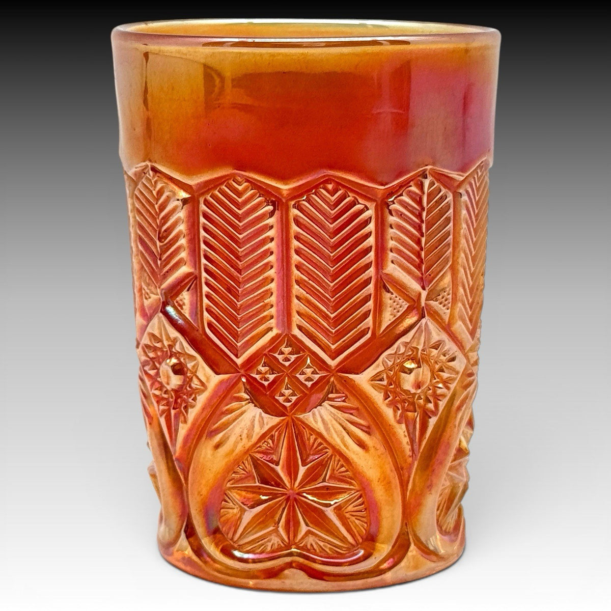 Millersburg Feather & Heart Marigold Carnival Glass Tumbler, Antique 4 Inch RARE