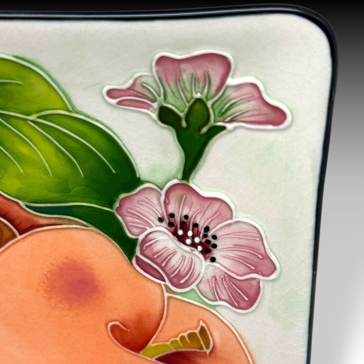 J McCall Blue Sky Peaches Embossed Ceramic Plates Set of 4 2004 5.5” Square
