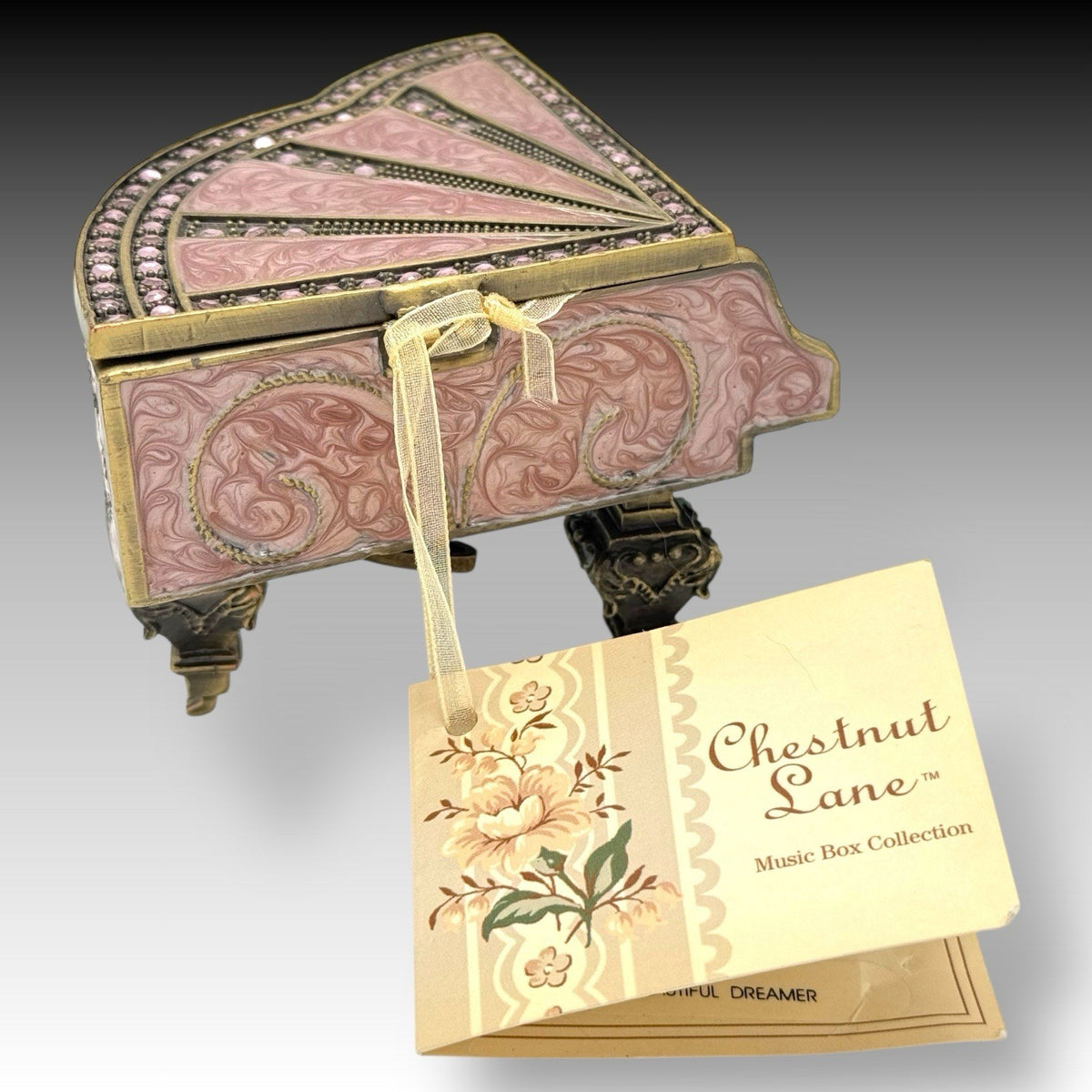 Chestnut Lane Piano Music Box Enamel Jeweled Wind Up Beautiful Dreamer