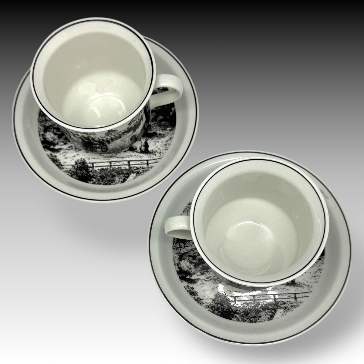 ARABIA Finland HELSINKI Wright 1863 Museum Cups & Saucers Set of 2 – B&W