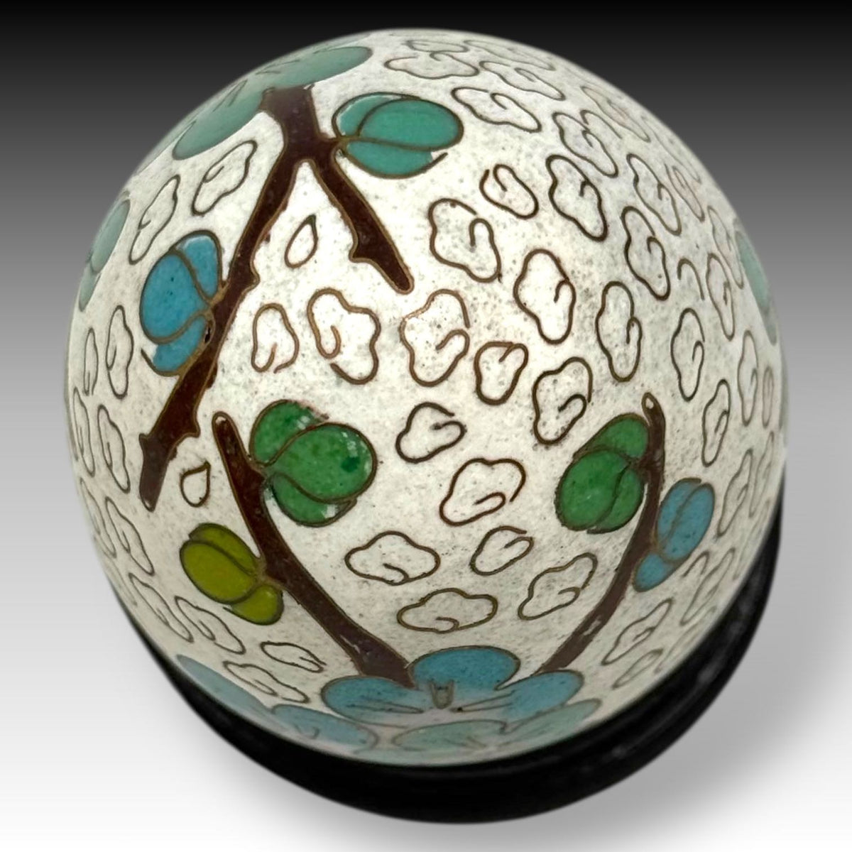 Set of 4 Vintage CHINESE CLOISONNÉ on COPPER EGGS – Lotus Motif with Wood Stands