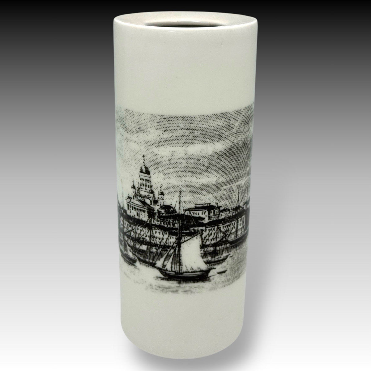 ARABIA Finland HELSINKI HELSINGFORS 7.25-Inch Cylinder Vase – Black & White RARE