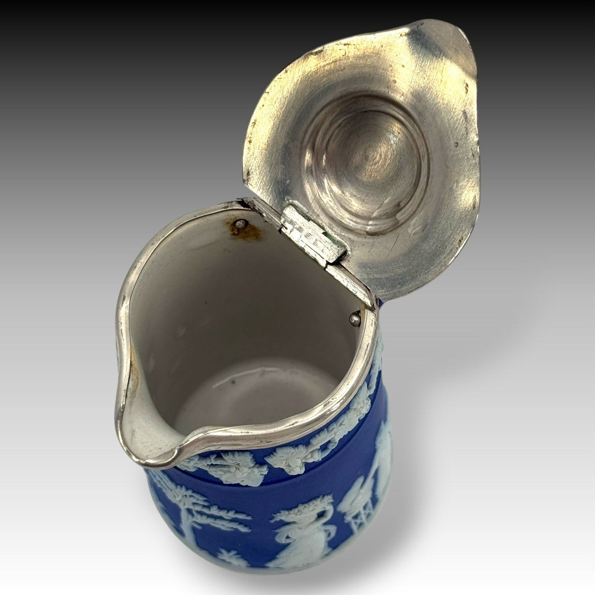 Wedgwood Dark Blue Jasperware Syrup Pitcher With Pewter Lid, Antique 1867 Rare
