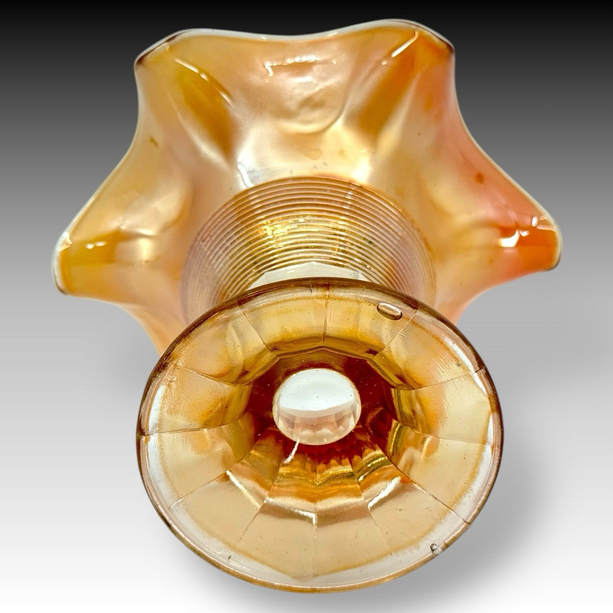 Marigold Carnival Glass Ruffled Vase Ribbed Iridescent Scalloped Vintage 5.5 in