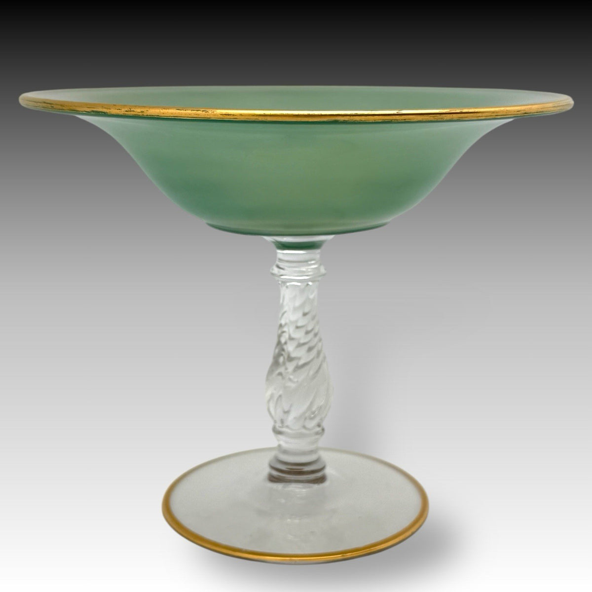 BOHEMIAN Green Art Glass Compote w/ Gilt Rim, Twisted Stem, MCM Pedestal 7.25"