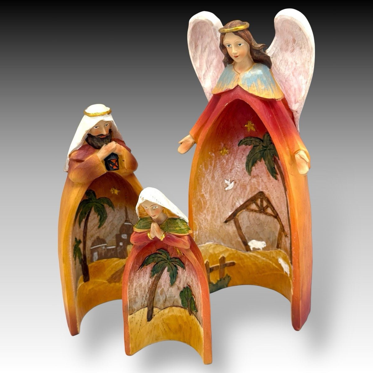 Nesting NATIVITY Set Angel Mary Joseph Resin Carved-Look 10" Tall Trio NO Baby