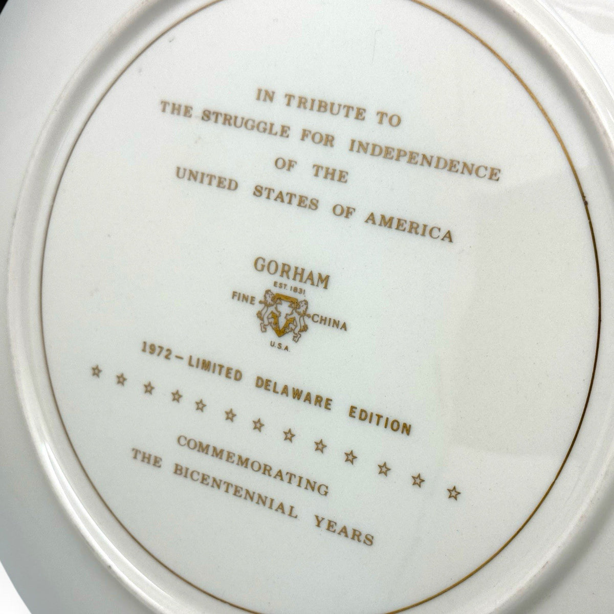 Gorham Bicentennial Delaware Edition Collector Plate 1972, 10.75 Inch Gold Rim