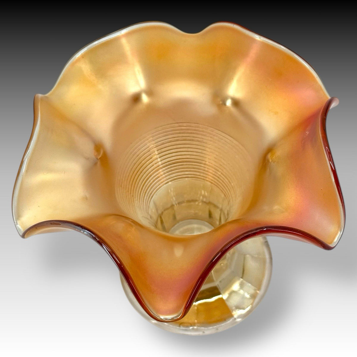 Marigold Carnival Glass Ruffled Vase Ribbed Iridescent Scalloped Vintage 5.5 in