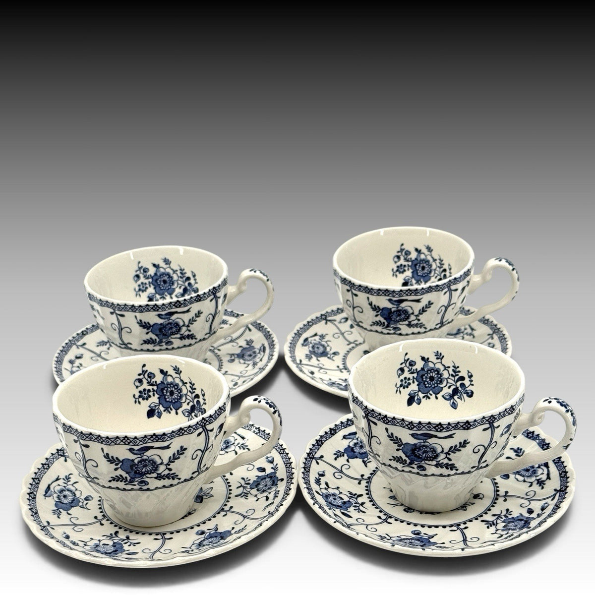 Johnson Brothers Indies Blue White Ironstone Cups Saucers England Set 4 Vintage