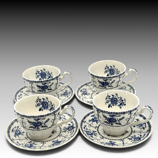 Johnson Brothers Indies Blue White Ironstone Cups Saucers England Set 4 Vintage