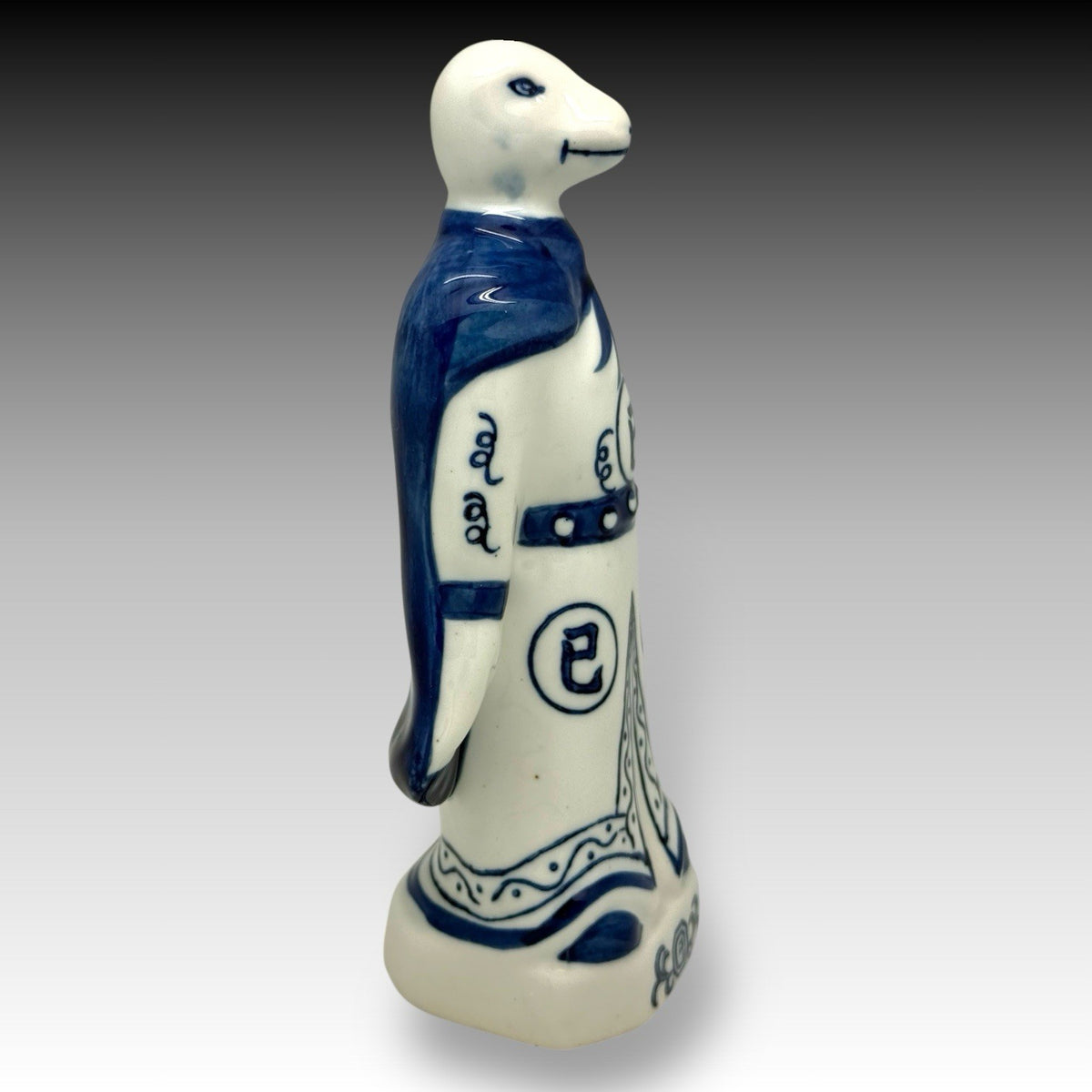 Vintage Chinese Zodiac Snake Figurine Blue White Porcelain Chinoiserie 10 Inch